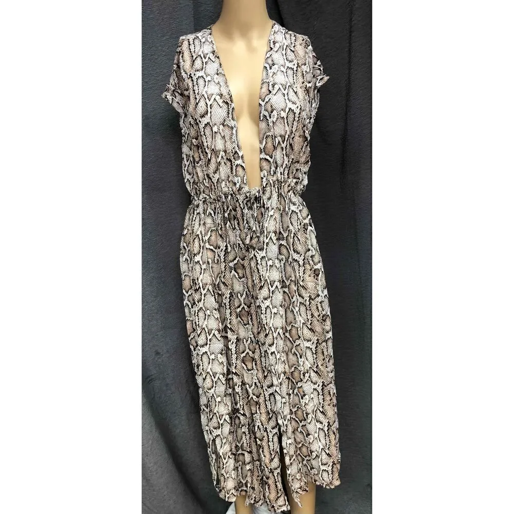 Kona Sol Womens Snake Print Sleeveless V-Neck Dress Swim Cardigan s/m